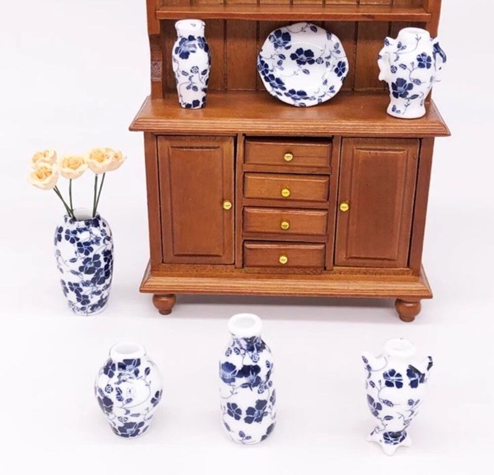 Dollhouse Porcelain Miniatures Blue White Ceramic Plates Vase Vintage Set Of 7